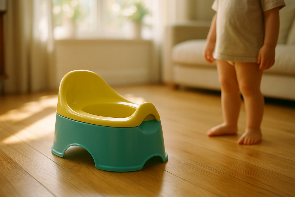 Buntes Töpfchen auf Holzboden in einem hellen Wohnzimmer, Kinderfüße am Bildrand