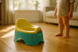 Buntes Töpfchen auf Holzboden in einem hellen Wohnzimmer, Kinderfüße am Bildrand