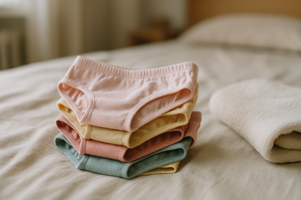 Stapel kleiner Baumwoll-Unterhosen auf einem Bett neben einem Handtuch